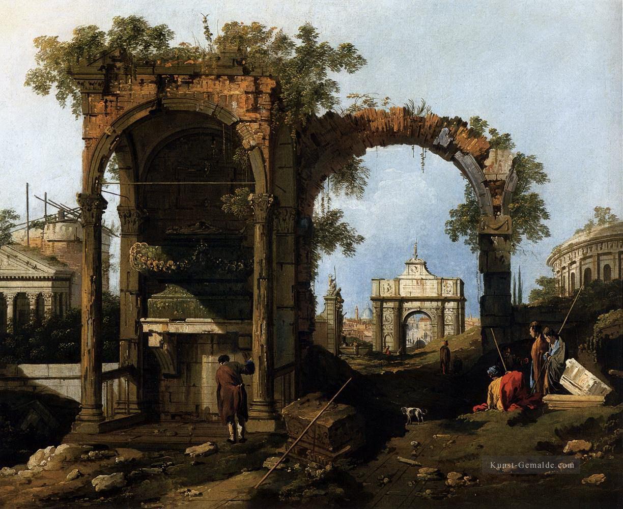 capriccio mit Ruinen und Gebäude Canaletto Ölgemälde